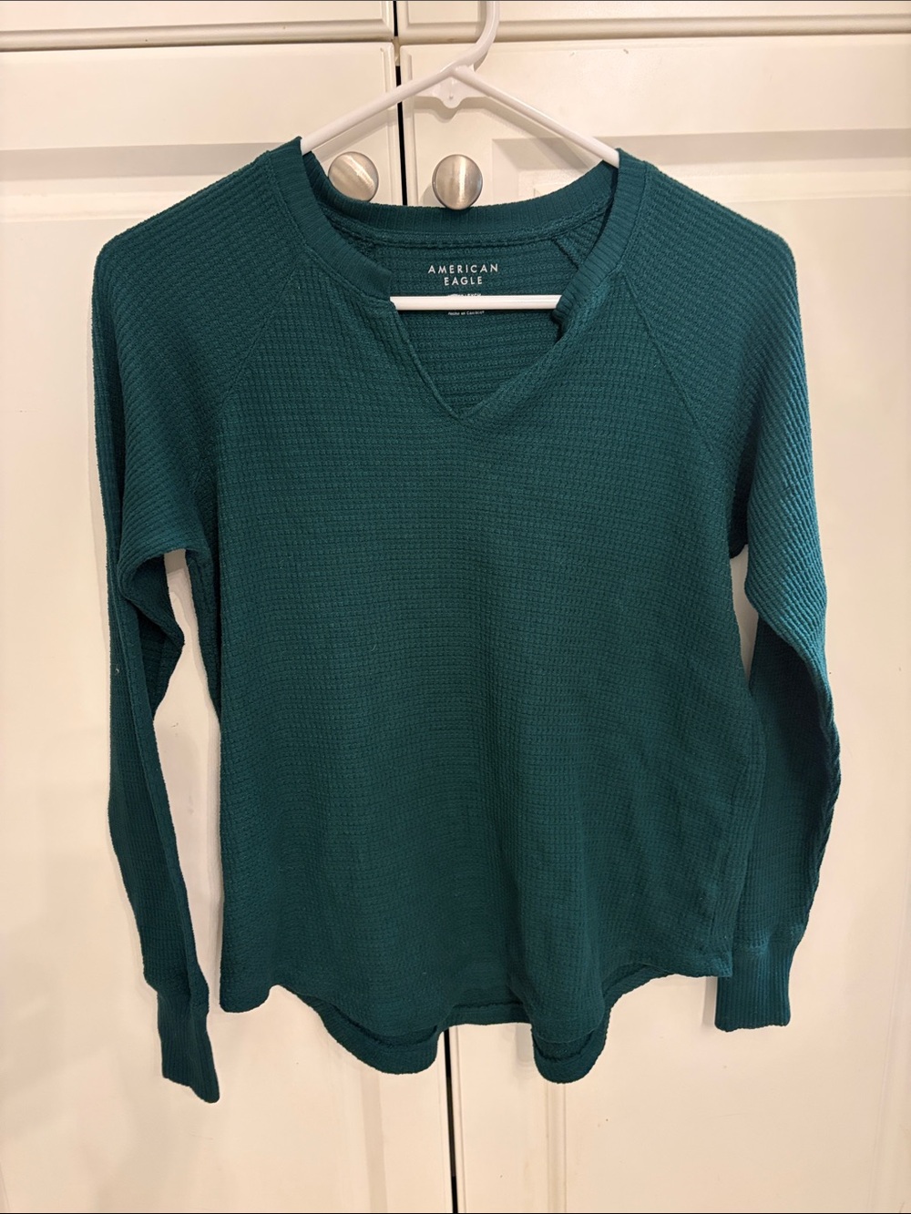 American Eagle Outfitters Teal Waffle Knit V-Notch Long Sleeve Top